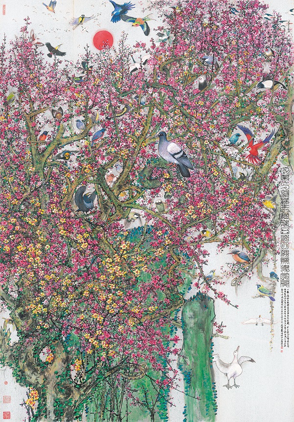 蕭暉榮 一帶一路 鳥鳴花開 Birds Sing and Flowers Bloom along the Belt and Road 設色銀箋 ink and color on silver paper 200×140cm 2016年作.jpg