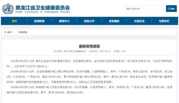 黑龙江又新增20例境外输入病例：经绥芬河口岸自俄罗斯输入