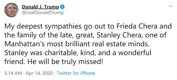 特朗普发推悼念因患新冠肺炎去世好友：将永远怀念他
