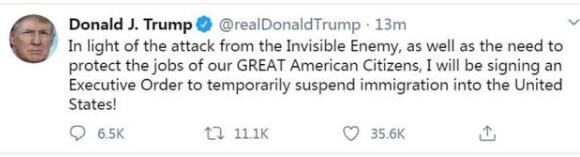 特朗普将签署行政命令暂时叫停移民入美