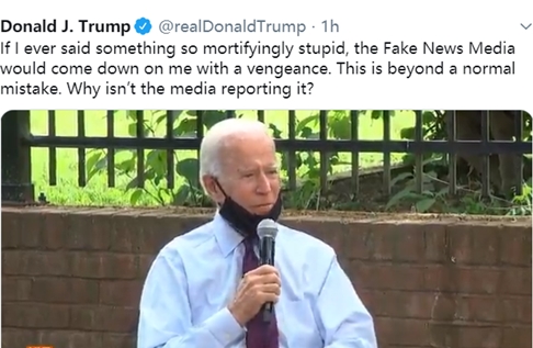 特朗普发推抱怨拜登“严重口误”：要是我，“假新闻媒体”早就来报复了