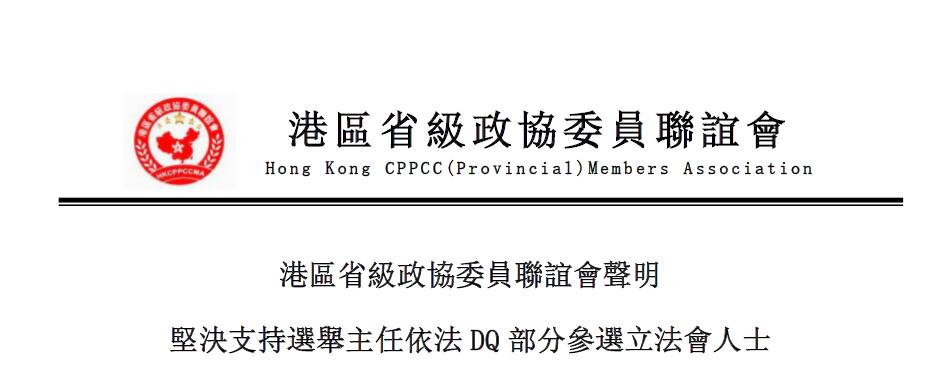 港區省級政協委員聯誼會: 堅決支持選舉主任依法DQ部分參選立法會人士