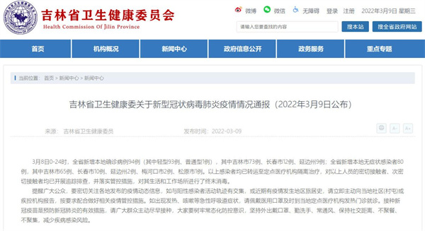 吉林昨日新增本地確診病例94例，本地無症狀感染者80例