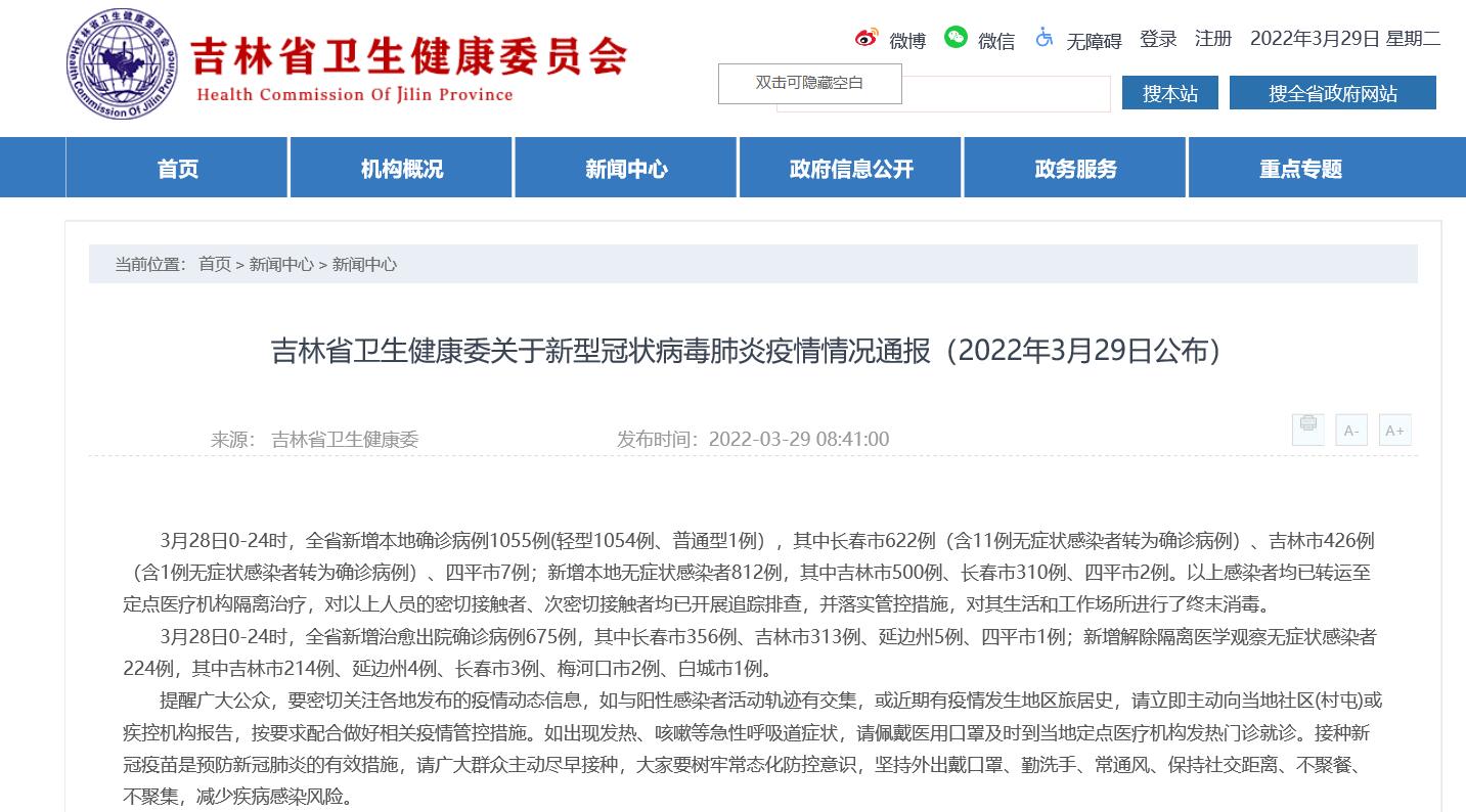 吉林省新增本地確診病例1055例，其中長春市622例，吉林市426例