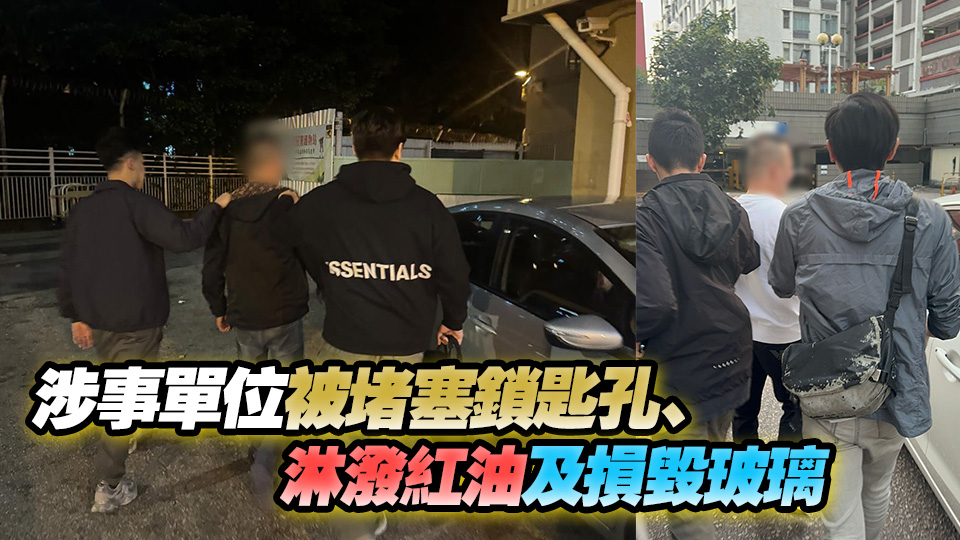 涉金錢糾紛葵涌大隴街2單位遭淋紅油 警拘2男