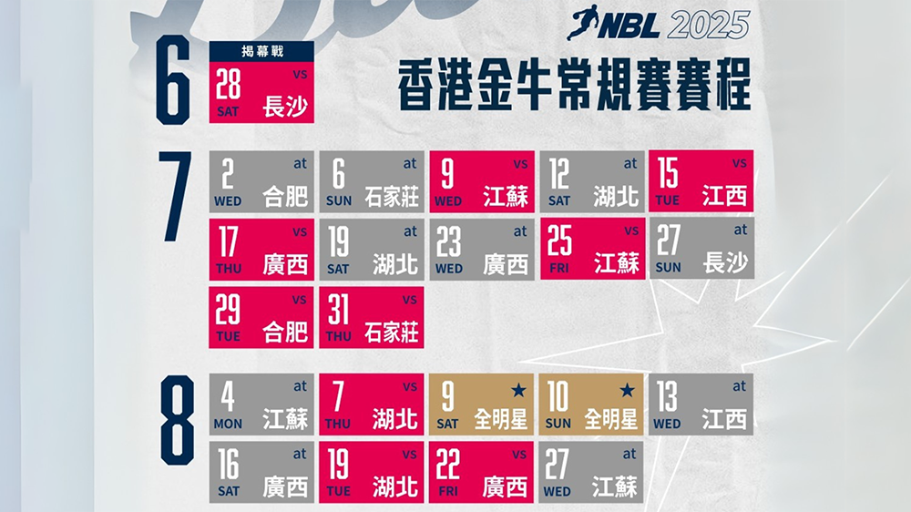 新季NBL賽程出爐 香港金牛周六揭幕戰主場鬥長沙勇勝