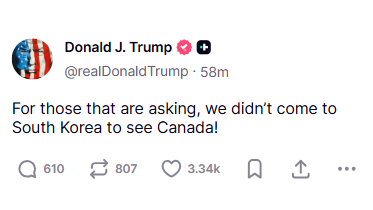 特朗普：我們來韓國不是為了看加拿大的！