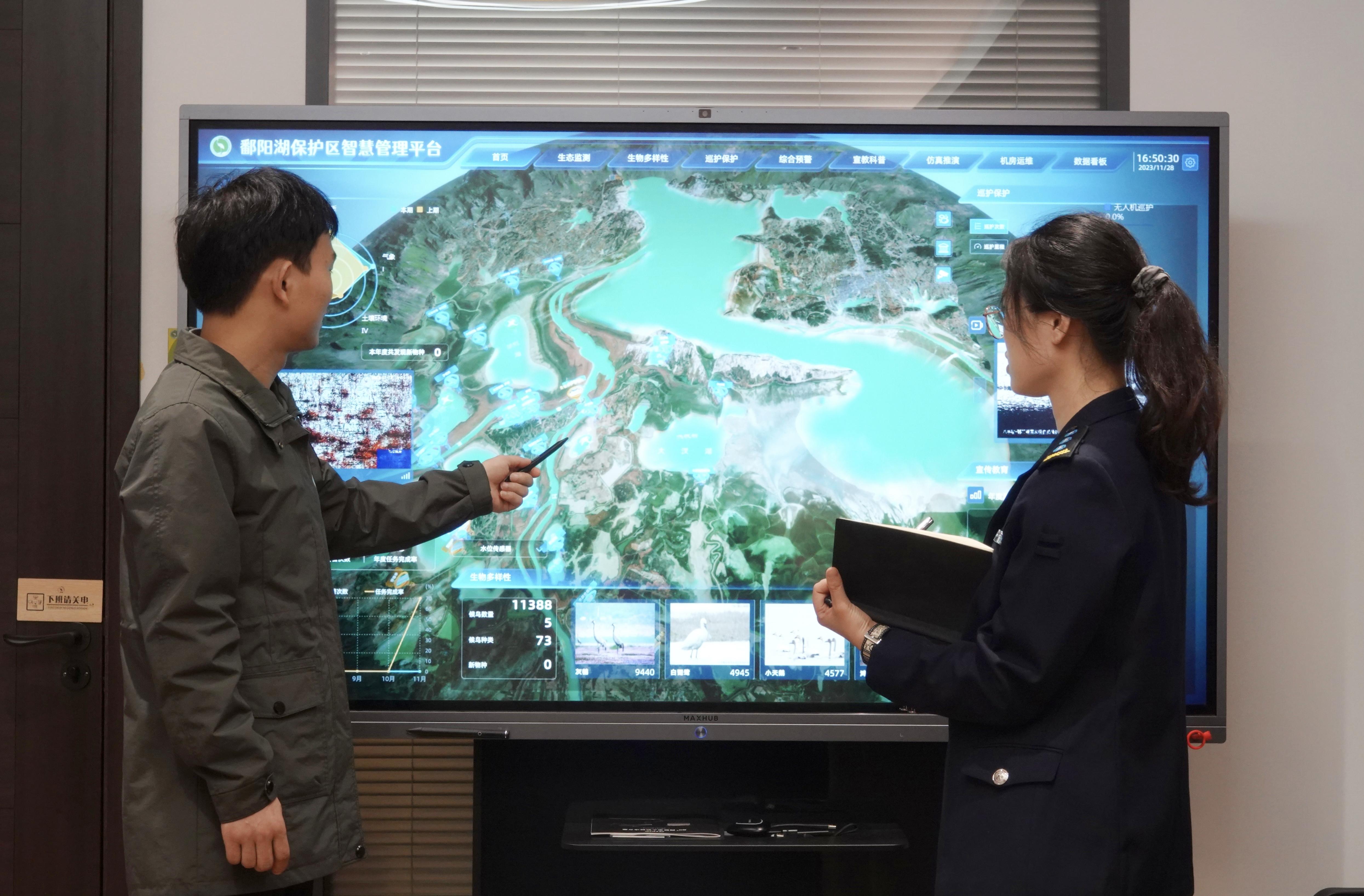 图2：鄱阳湖保护区工作人员使用智慧管理平台查看湖区越冬候鸟动态(1).jpg