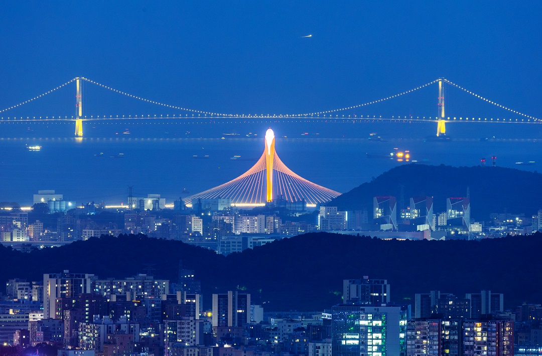 夜幕中，滨海湾大桥与深中通道同框出现。.jpg