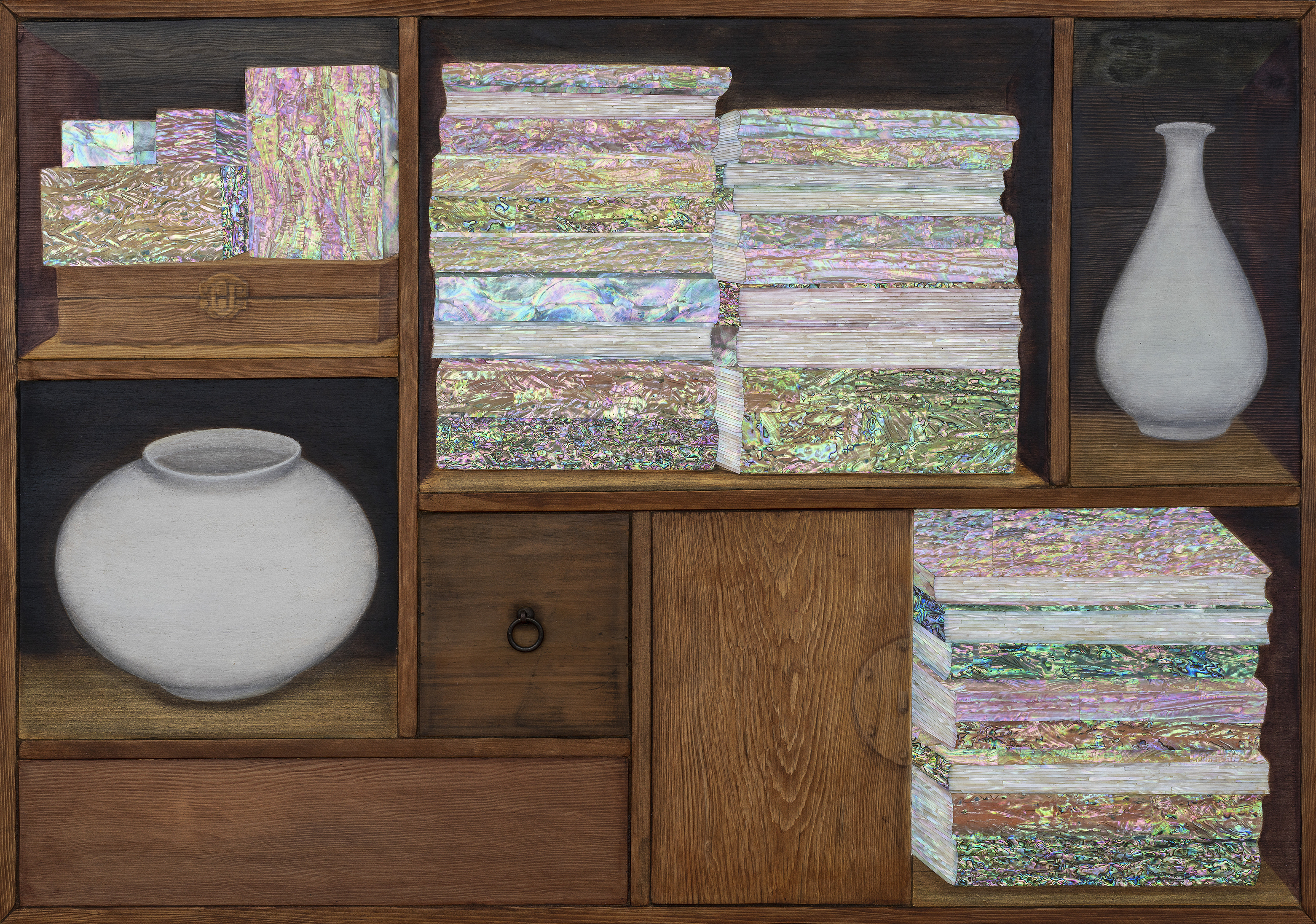 Kim Duck-Yong, Scholar's Accoutrement, 2022, Mother of pearl, mixed media on wood, 78 x 112 cm.JPG